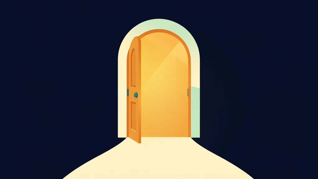 Flat illustration of a stylised front door with a rounded arch standing open, warm golden light spilling out onto a curved path against deep ink tones