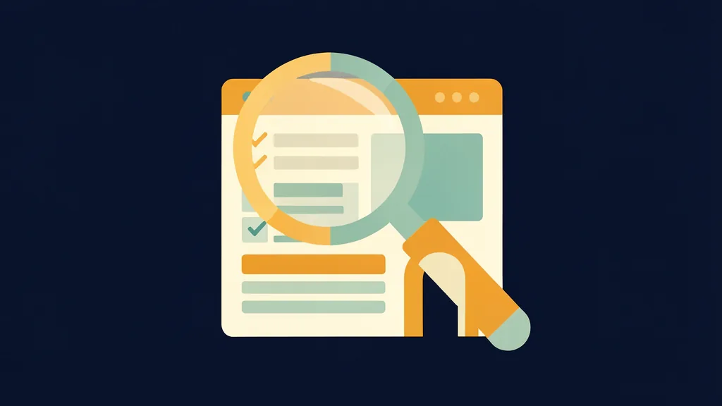 Flat illustration of a magnifying glass hovering over a stylised audit report and a small homepage mockup — the Front Door Report checking a website block by block
